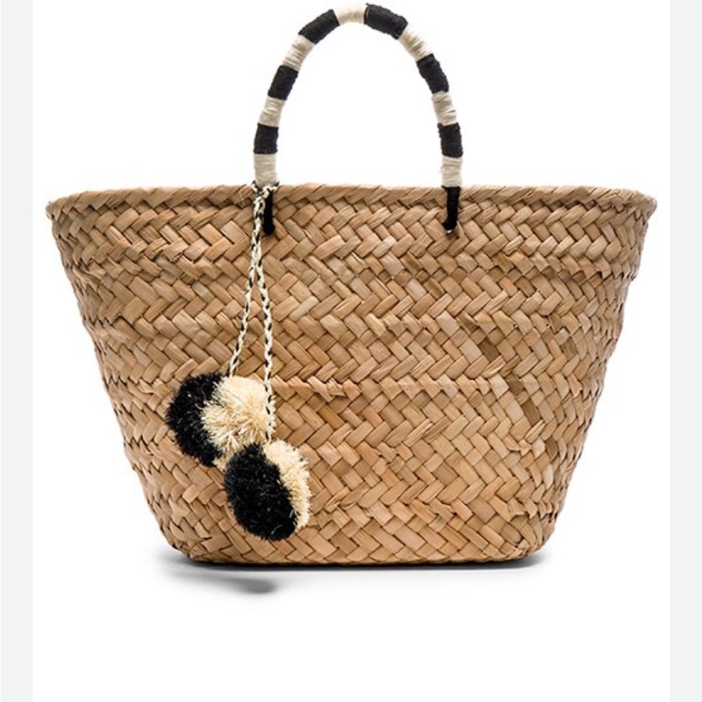 Kayu Revolve St. Tropez Chic Tan Vacation Woven Tote with Pom Poms